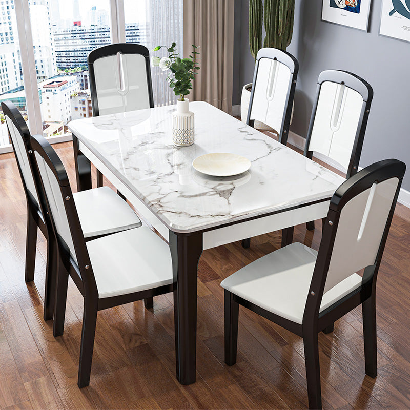 Traditional Style Marble Dining Set with White Fixed Table and 4 Black Legs Base
