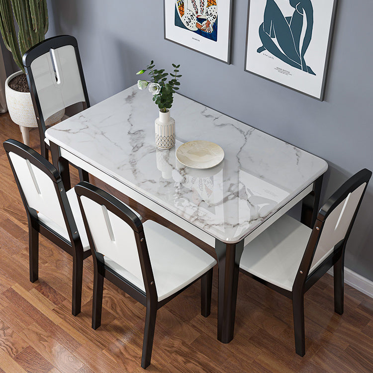Traditional Style Marble Dining Set with White Fixed Table and 4 Black Legs Base