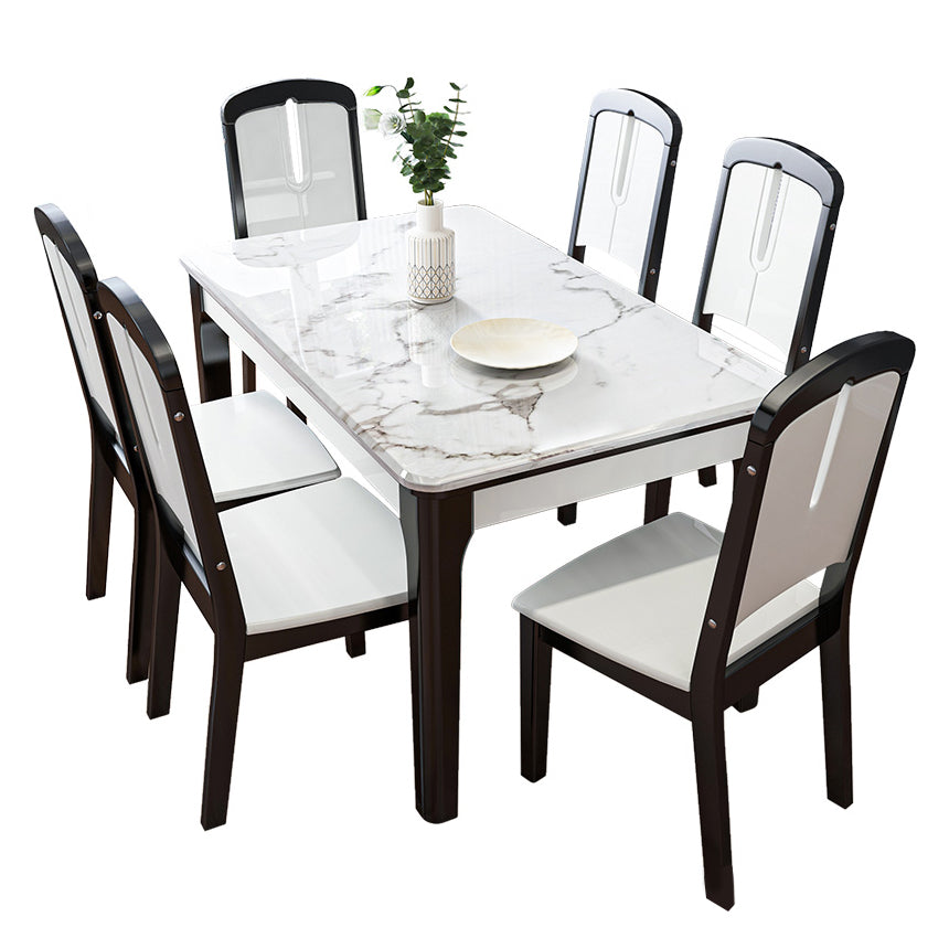 Traditional Style Marble Dining Set with White Fixed Table and 4 Black Legs Base