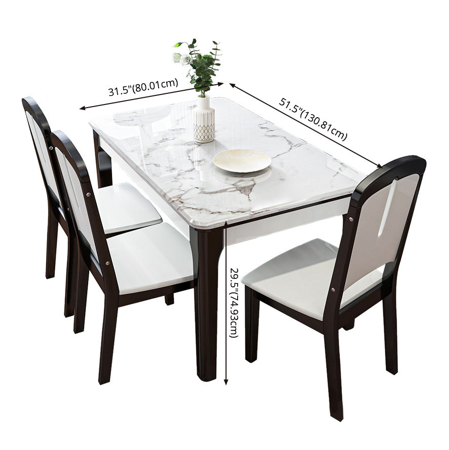 Traditional Style Marble Dining Set with White Fixed Table and 4 Black Legs Base