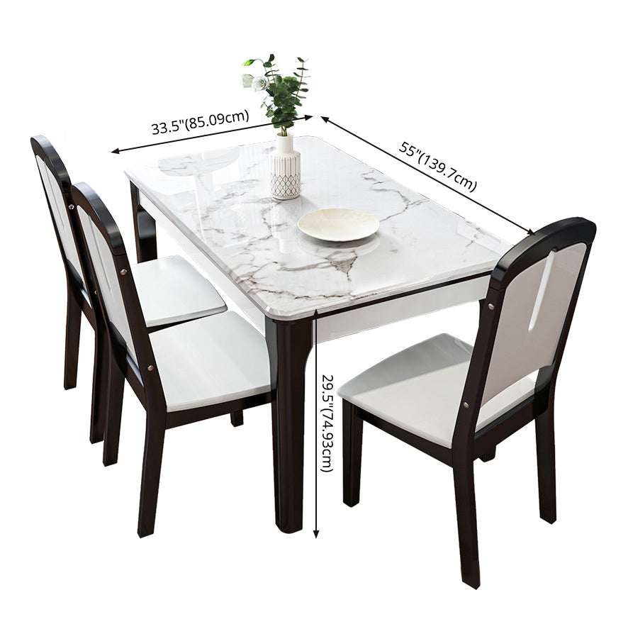 Traditional Style Marble Dining Set with White Fixed Table and 4 Black Legs Base