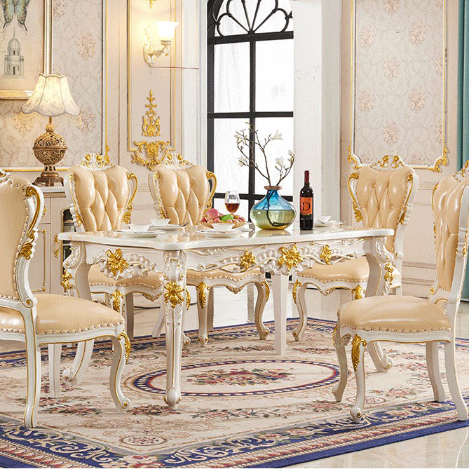 Victorian Marble Table Set of 5/7 with Rectangle Table Caved Dining Set with Leather Chairs