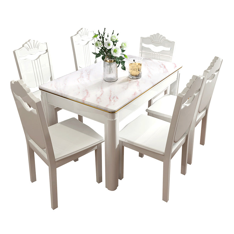 Victorian Style Marble Dining Set with White Fixed Table and 4 Legs Base for Home Use