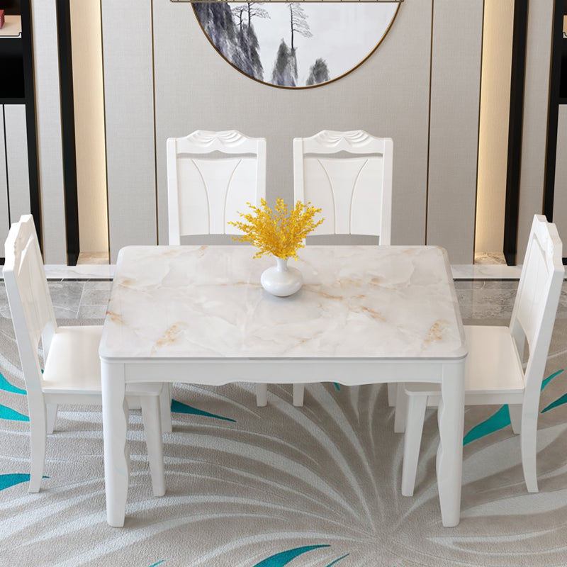Contemporary Style Marble Dining Set with White Fixed Table and 4 Legs Base