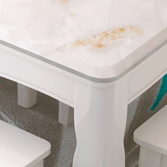 Contemporary Style Marble Dining Set with White Fixed Table and 4 Legs Base