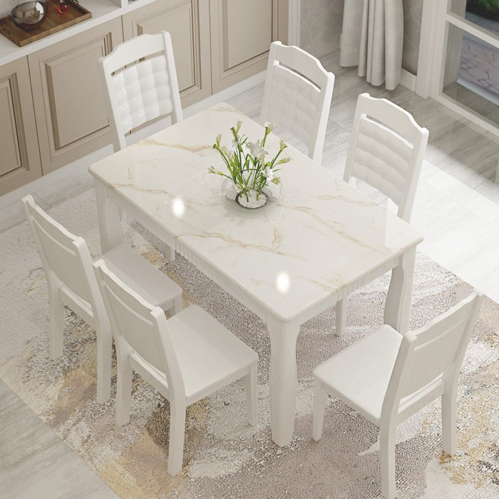 Contemporary Style Marble Dining Set with White Fixed Table and 4 Legs Base for Home Use