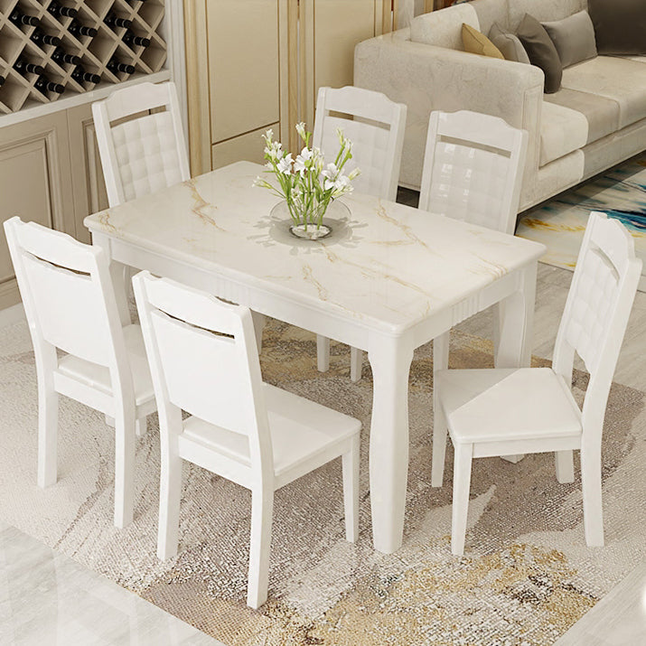 Contemporary Style Marble Dining Set with White Fixed Table and 4 Legs Base for Home Use