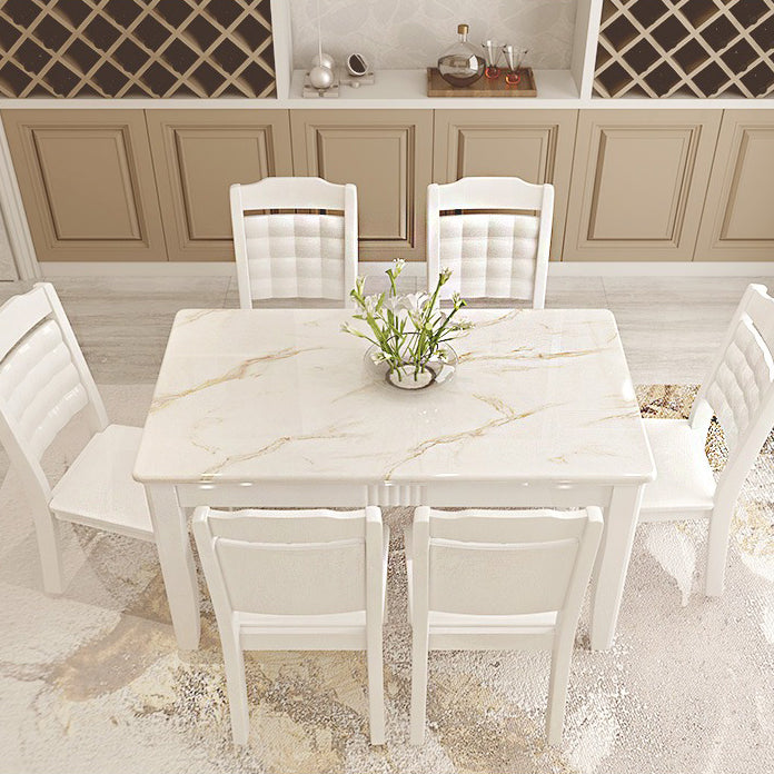 Contemporary Style Marble Dining Set with White Fixed Table and 4 Legs Base for Home Use