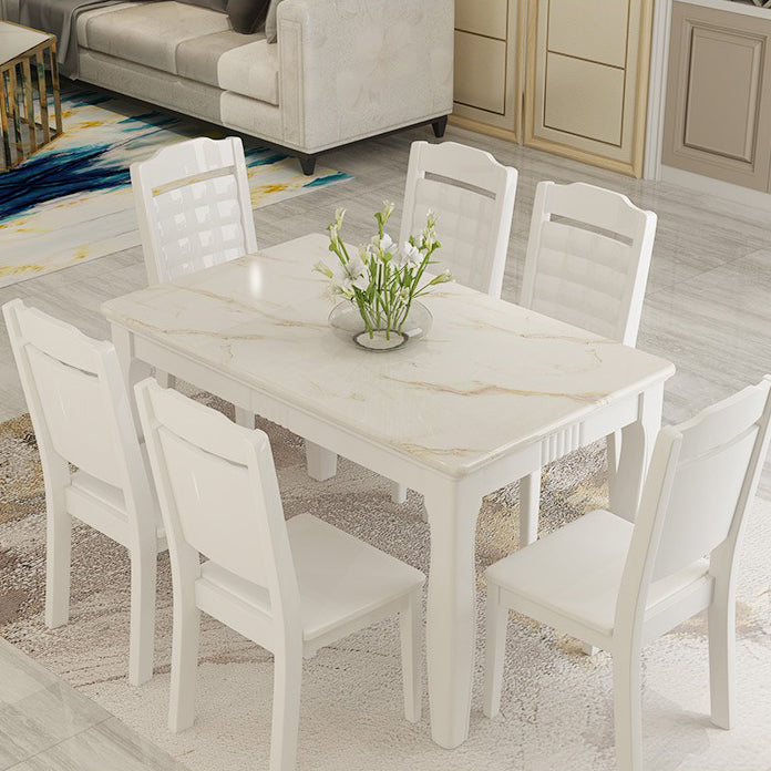 Contemporary Style Marble Dining Set with White Fixed Table and 4 Legs Base for Home Use
