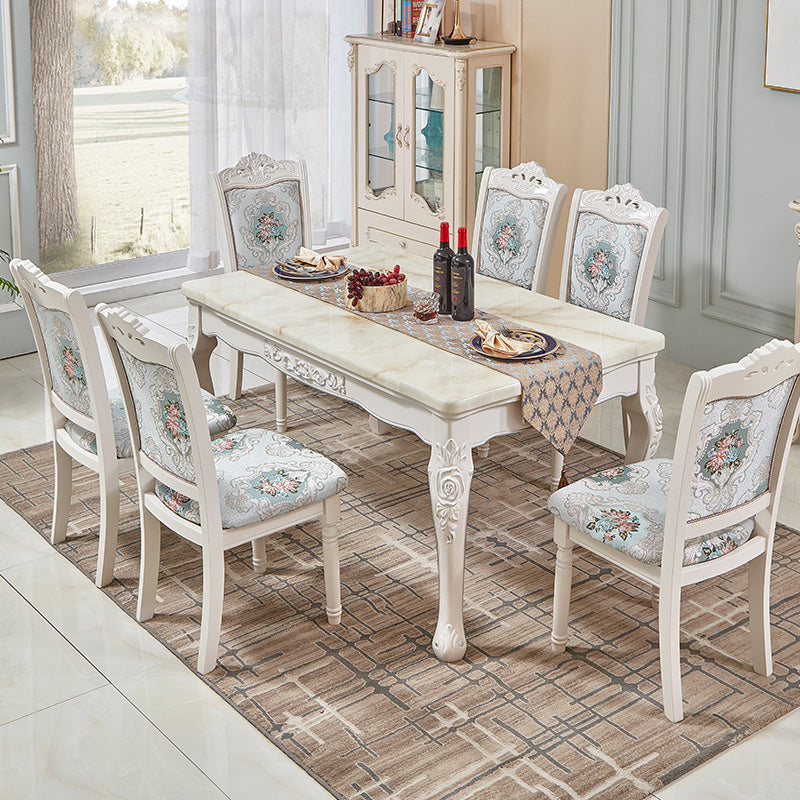 Victorian Marble Table Set of 5/7 with Rectangle Table Caved Dining Set with Textile Chairs