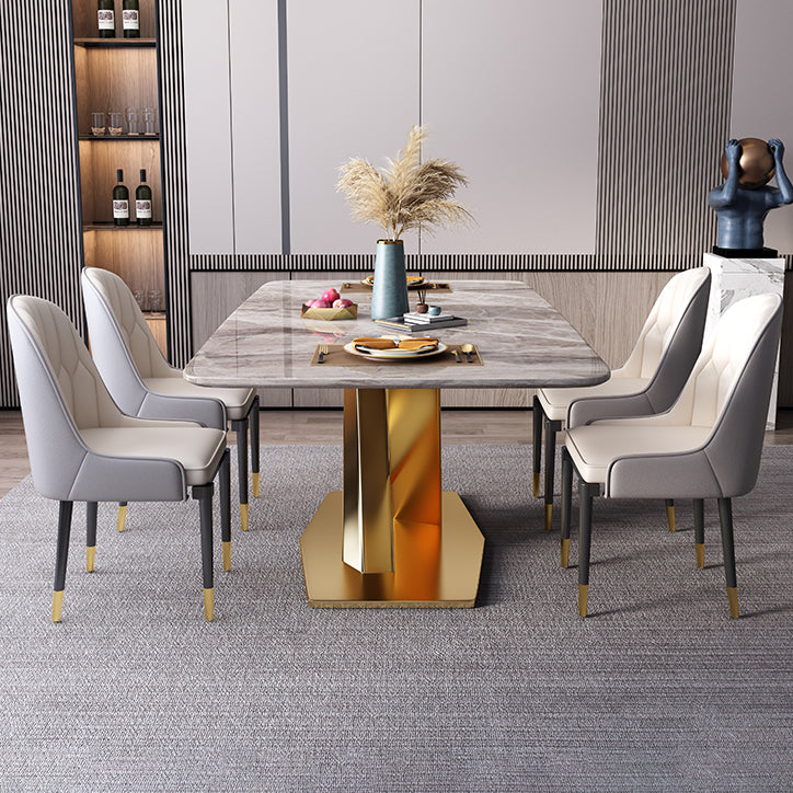 Modern Style Sintered Stone Dining Table with Standard Height Fixed Table and Gold Trestle Base