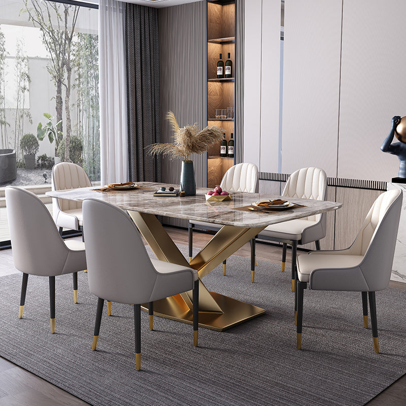 Modern Style Sintered Stone Dining Table with Standard Height Fixed Table and Gold Trestle Base