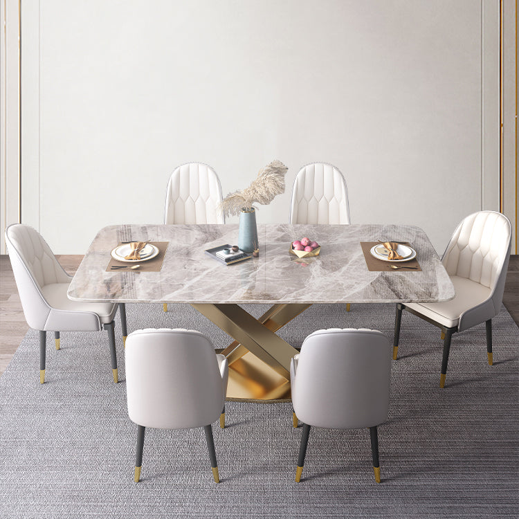 Modern Style Sintered Stone Dining Table with Standard Height Fixed Table and Gold Trestle Base