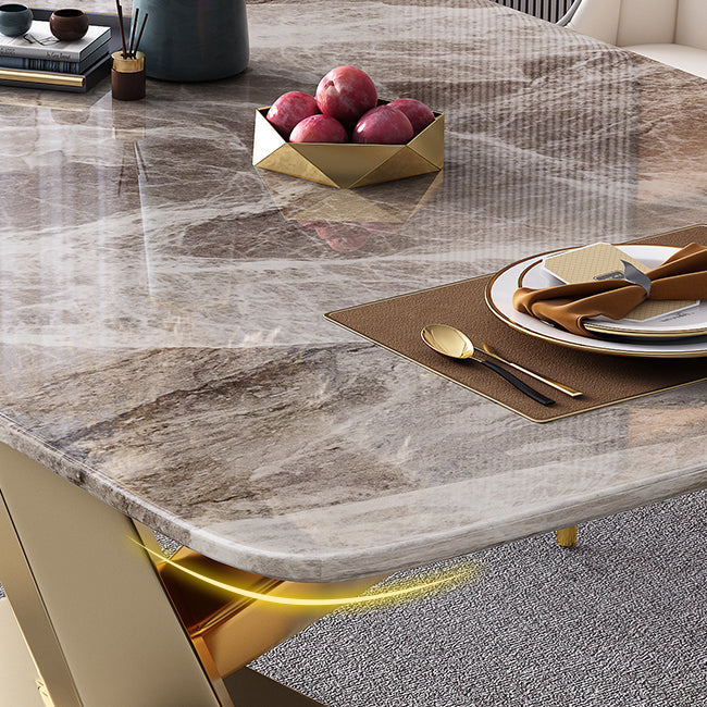 Modern Style Sintered Stone Dining Table with Standard Height Fixed Table and Gold Trestle Base