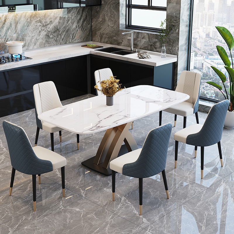Contemporary Dining Room Set Metal Frame White Slate Rectangular Dining Table Set for Home