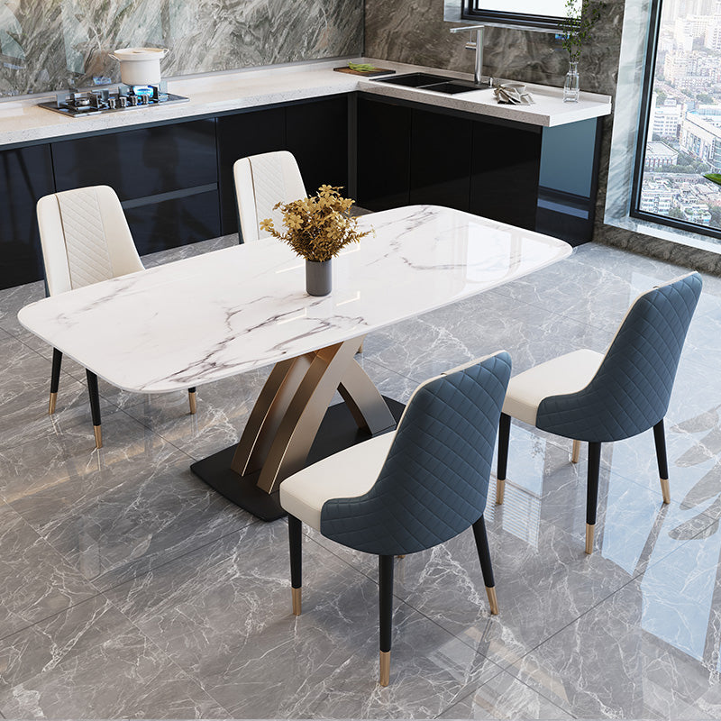 Contemporary Dining Room Set Metal Frame White Slate Rectangular Dining Table Set for Home
