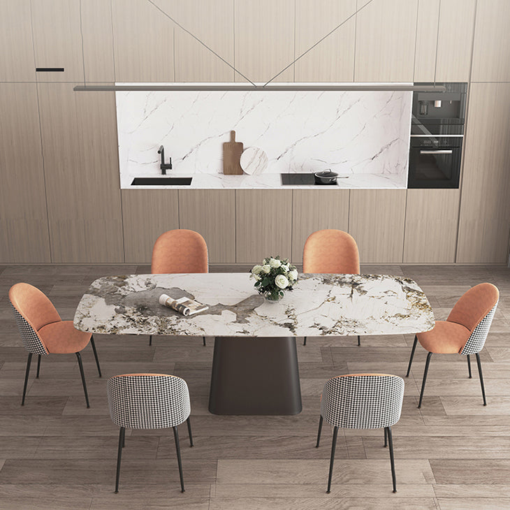 Modern Sintered Stone Table Set of 5/7 with Rectangle Table Dining Set with Orange PU Leather Chairs