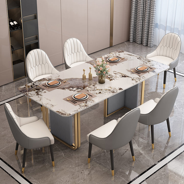 Modern Sintered Stone Table Set for 4/6 with Rectangle Table Dining Set with Gold Double Pedestal