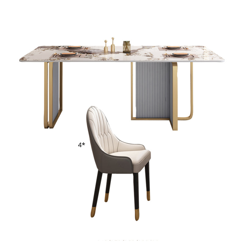 Modern Sintered Stone Table Set for 4/6 with Rectangle Table Dining Set with Gold Double Pedestal