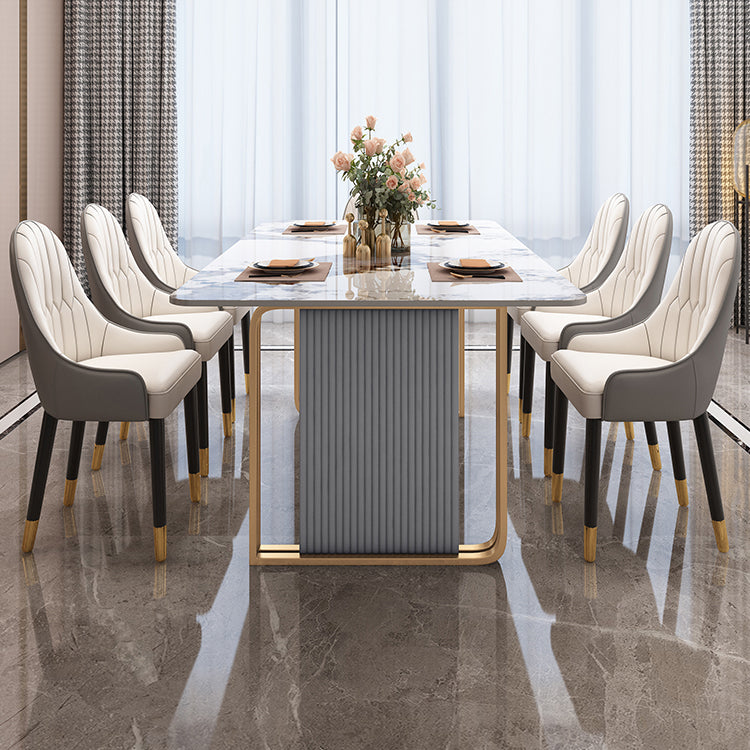 Modern Sintered Stone Table Set for 4/6 with Rectangle Table Dining Set with Gold Double Pedestal