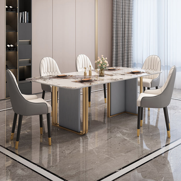 Modern Sintered Stone Table Set for 4/6 with Rectangle Table Dining Set with Gold Double Pedestal