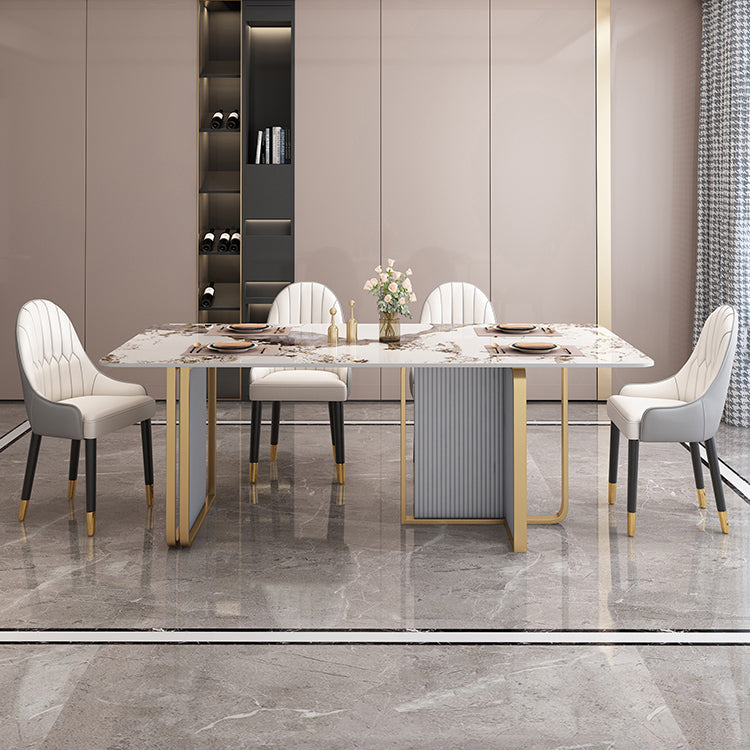 Modern Sintered Stone Table Set for 4/6 with Rectangle Table Dining Set with Gold Double Pedestal