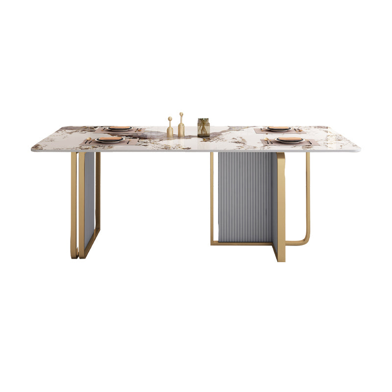 Modern Sintered Stone Table Set for 4/6 with Rectangle Table Dining Set with Gold Double Pedestal