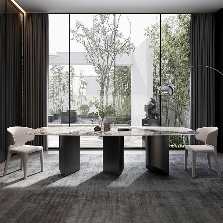 Modern Sintered Stone Table Set of 3/5 with Rectangle Table Dining Set with Black 3 Legs