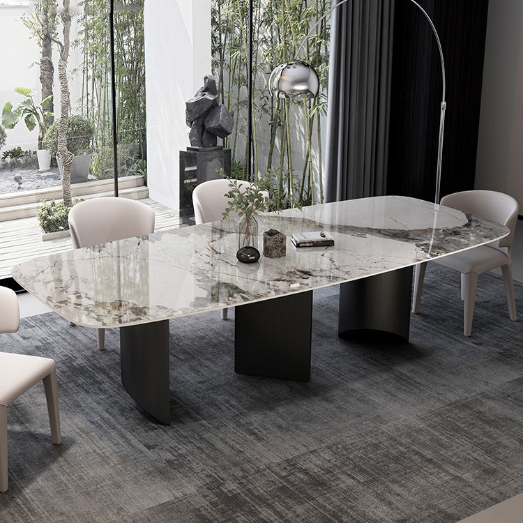 Modern Sintered Stone Table Set of 3/5 with Rectangle Table Dining Set with Black 3 Legs