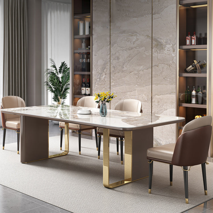 Modern Sintered Stone Table Set of 5/7 with Rectangle Table Dining Set with Gold Double Pedestal
