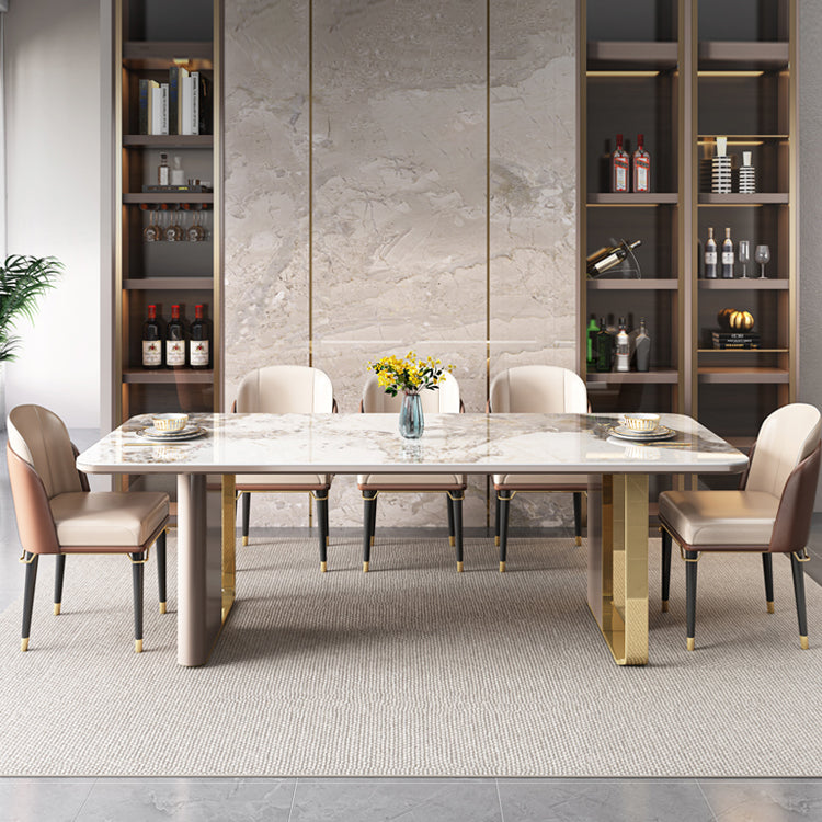 Modern Sintered Stone Table Set of 5/7 with Rectangle Table Dining Set with Gold Double Pedestal