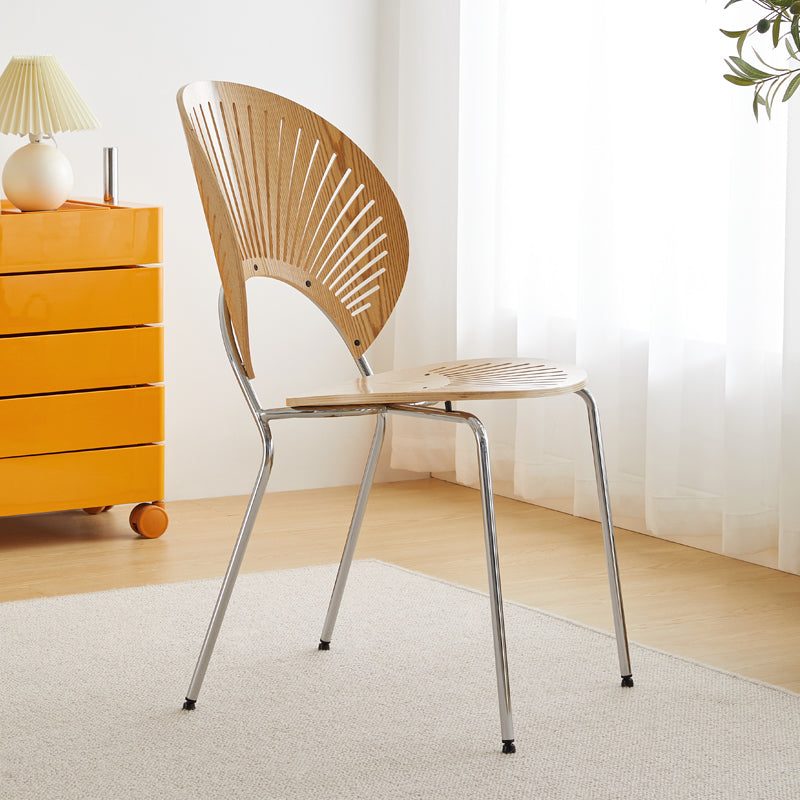 Chaise d'appoint de salle à manger en bois scandinave, chaises à dossier ouvert en forme de coquille avec pieds en métal