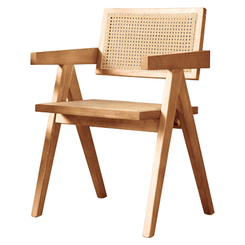 Silla de comedor tradicional de madera maciza con acabado mate, respaldo de caña, sillas con brazo