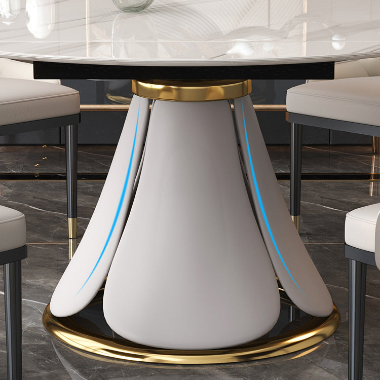 Contemporary Style Sintered Stone Dining Table with Built-in Storage Layer and Pedestal Base