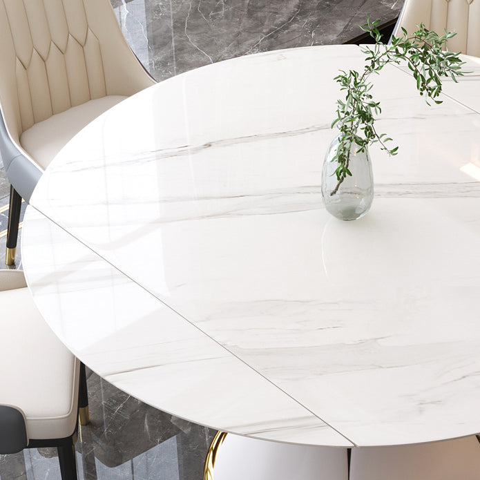 Contemporary Style Sintered Stone Dining Table with Built-in Storage Layer and Pedestal Base