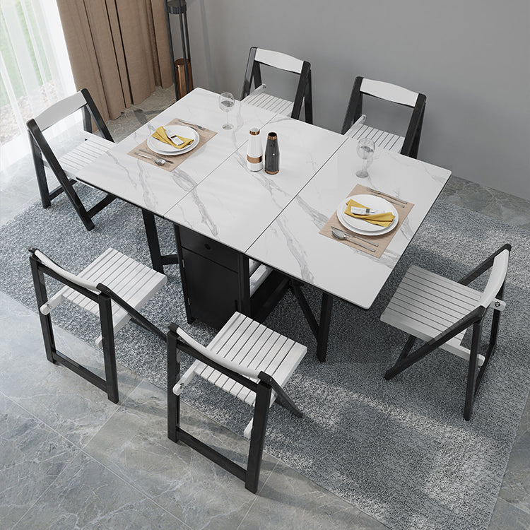 Contemporary Style Sintered Stone Dining Table with White Removable Leaf and Trestle Base