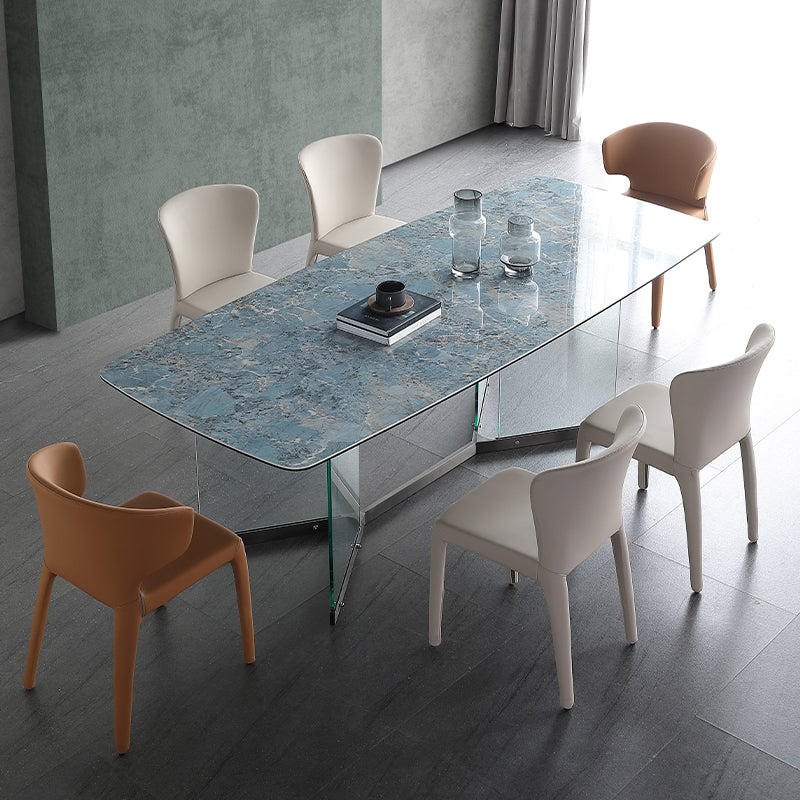 Blue Rectangle Sintered Stone Dining Table for 4/6 with Glass Base Dining Set for Restaurant