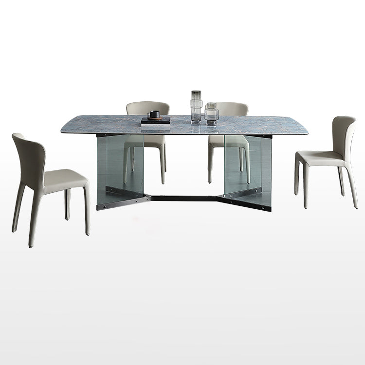Blue Rectangle Sintered Stone Dining Table for 4/6 with Glass Base Dining Set for Restaurant
