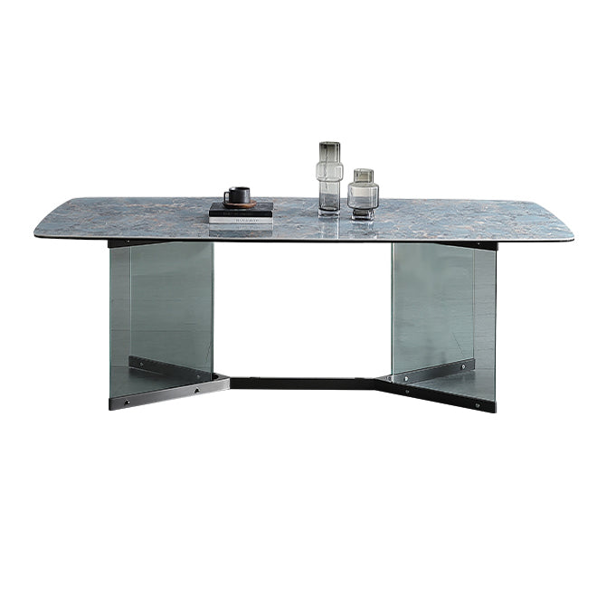 Blue Rectangle Sintered Stone Dining Table for 4/6 with Glass Base Dining Set for Restaurant