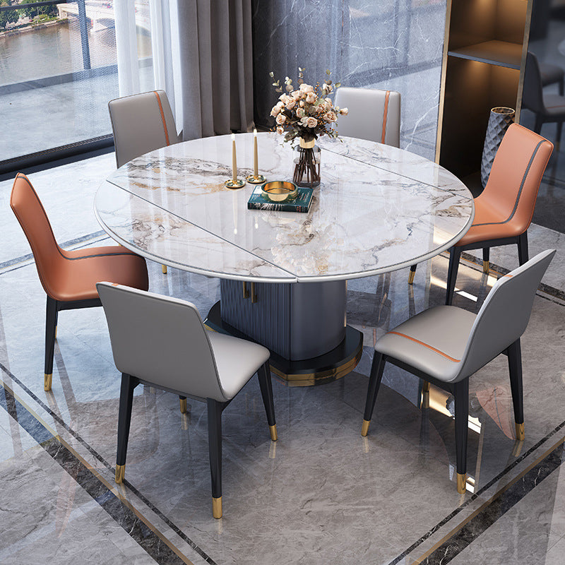 Foldable Modern Sintered Stone Dining Room Set with Round Top and Pedestal Base Furniture
