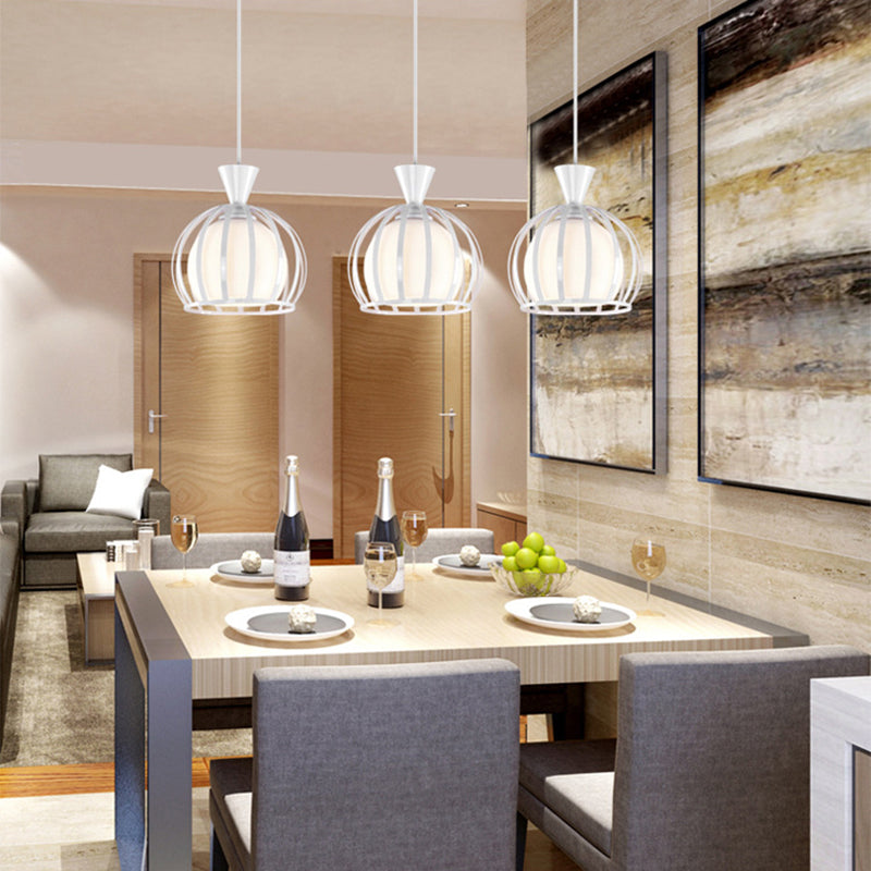 Metal Dome Cage Ceiling Pendant with Milk Glass Shade Retro Style 3 Bulb Indoor Hanging Light in Black/White