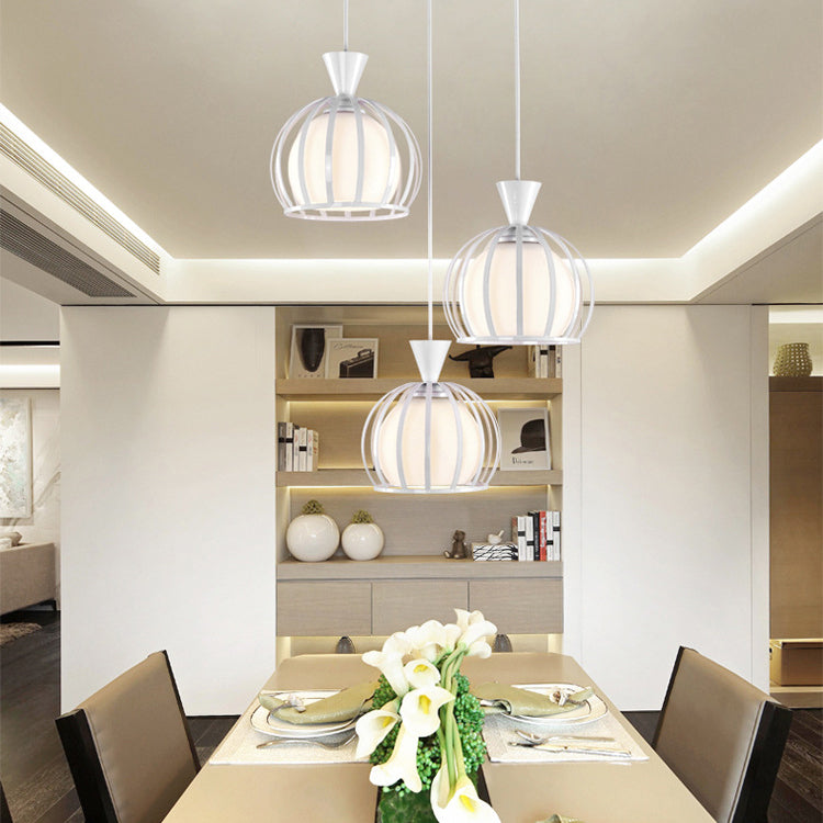 Metal Dome Cage Ceiling Pendant with Milk Glass Shade Retro Style 3 Bulb Indoor Hanging Light in Black/White