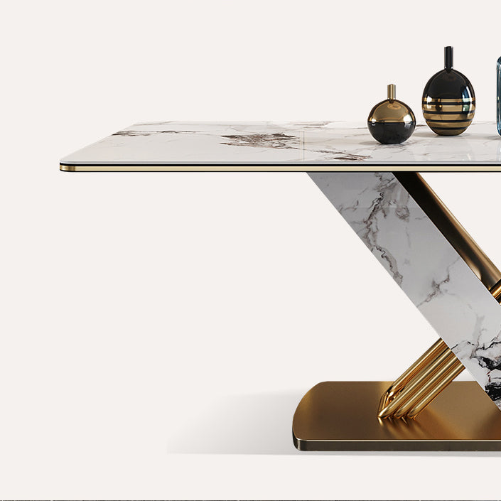 Modern Style Sintered Stone Dining Table with White Fixed Table and Trestle Base for Home Use