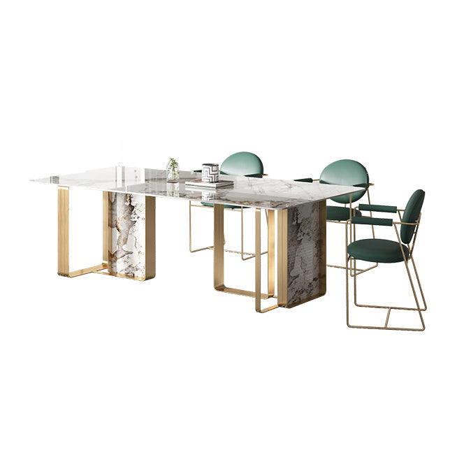 Contemporary Style Sintered Stone Dining Table with White Fixed Table and Double Pedestal Base