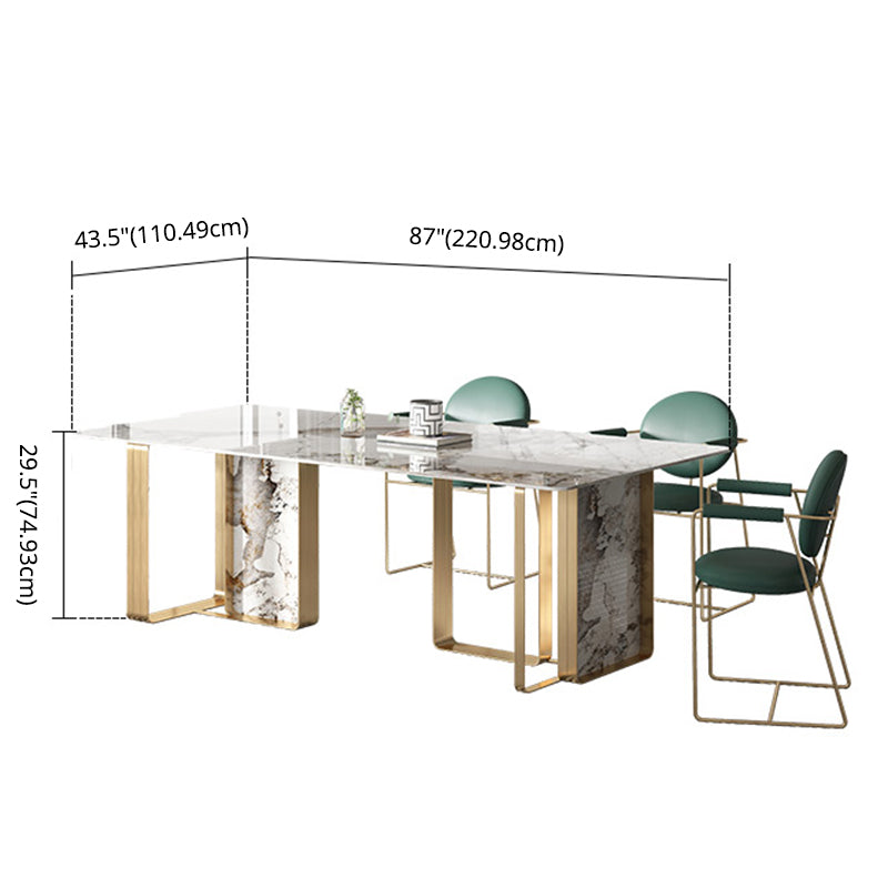 Contemporary Style Sintered Stone Dining Table with White Fixed Table and Double Pedestal Base