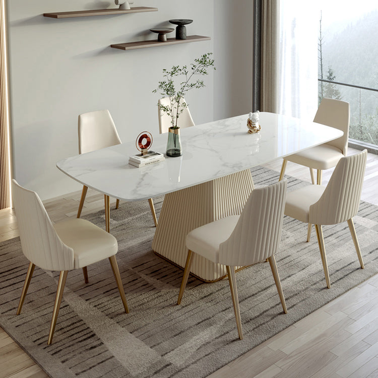 Contemporary Style Sintered Stone Dining Table with White Fixed Table and Pedestal Base