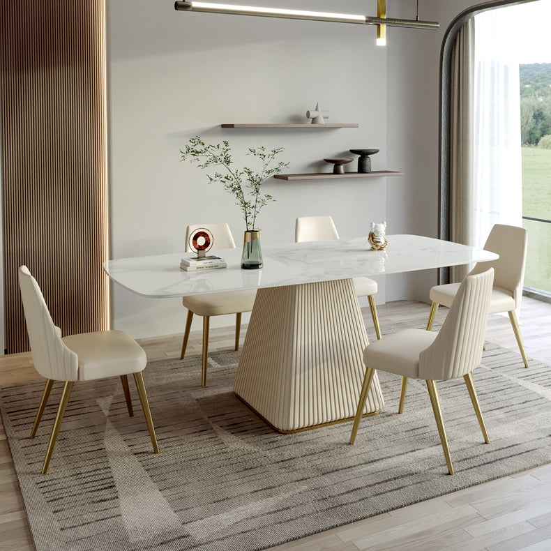 Contemporary Style Sintered Stone Dining Table with White Fixed Table and Pedestal Base