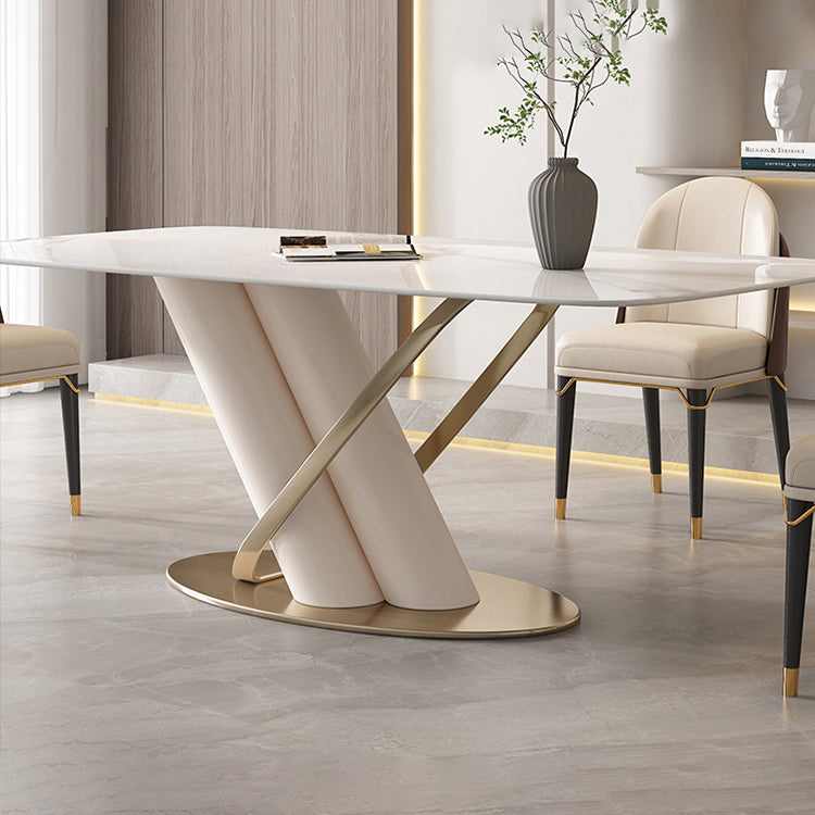 Modern Style Sintered Stone Dining Table with White Fixed Table and Trestle Base