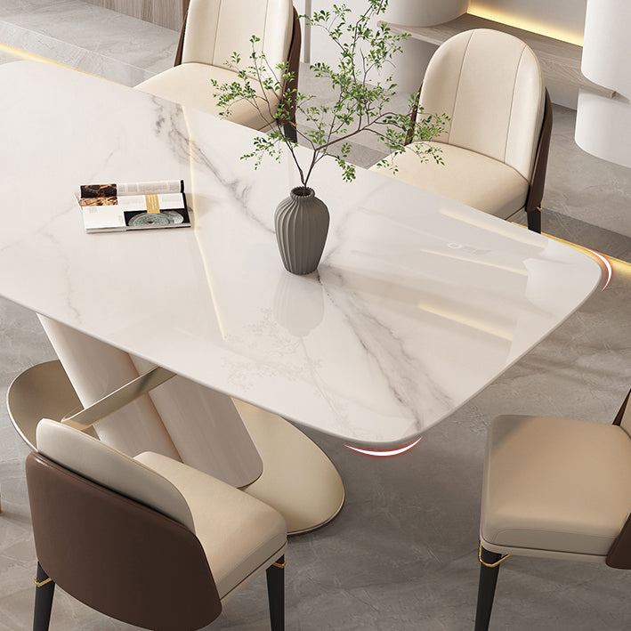 Modern Style Sintered Stone Dining Table with White Fixed Table and Trestle Base