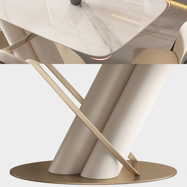 Contemporary Style Sintered Stone Dining Table with White Fixed Table and Trestle Base